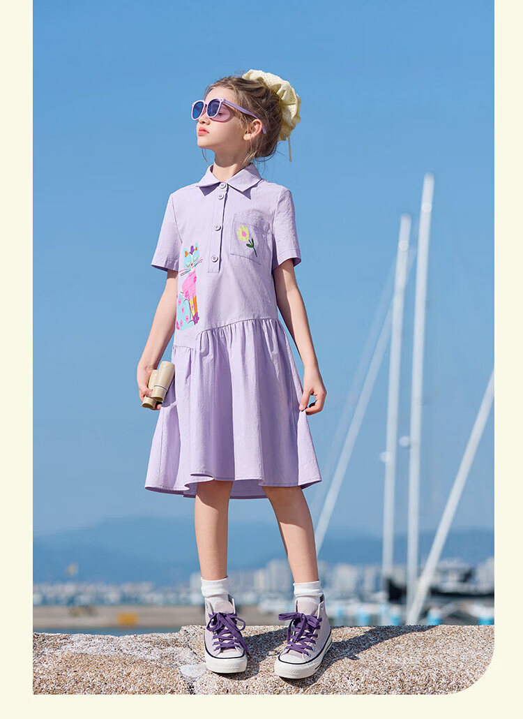 CHANZUIGOU Girls' Taro Purple Pure Cotton Shirt Dress 2026 Summer New Stylish Dopamine Print Dress 22